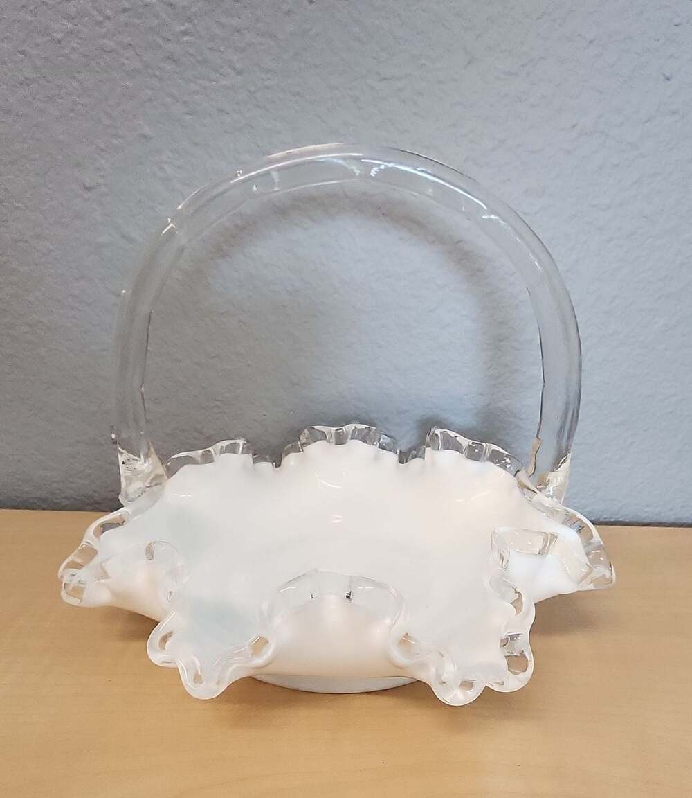 Vintage Fenton Milk Glass Ruffled Edge Basket with Clear Handle